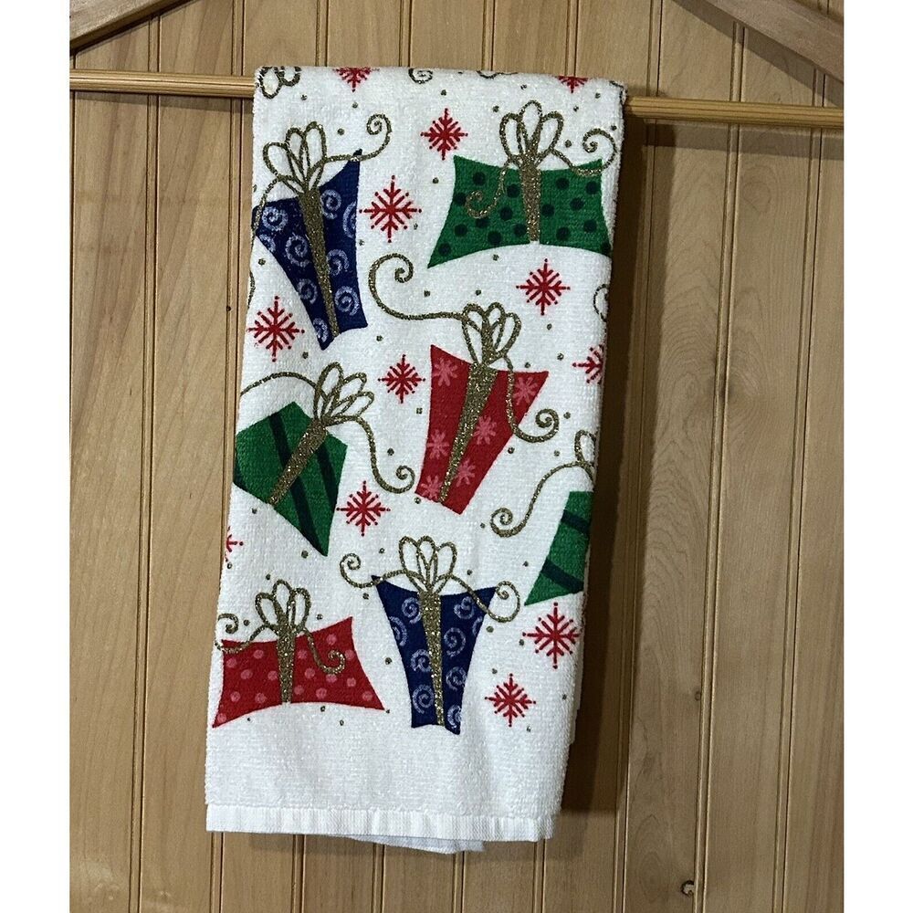 CHRISTMAS TOWEL 100% Cotton Kitchen/Hand Towels Presents Gold Glitter
